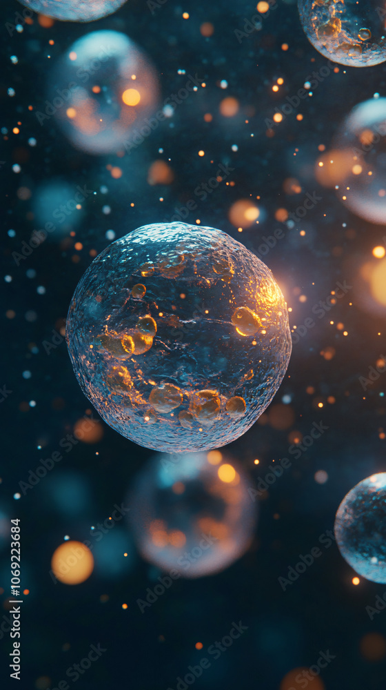 Poster dark liquid filled with multiple transparent cells and small golden particles, with a large cell flo