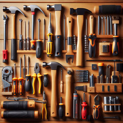 ภาพระยะใกล้ของเครื่องมือช่างที่จัดเรียงอย่างเรียบร้อยบนผนังไม้ อาทิ ค้อน ไขควง และเครื่องมืออื่น ๆ ที่มีรายละเอียดการใช้งานชัดเจน