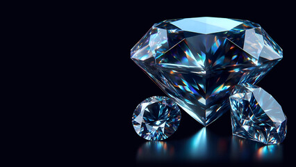 Majestic, multi-faceted diamonds, with intricate, shimmering, iridescent surfaces & flashes of brilliance, creating a dazzling display against a deep blue background; with ample space for text