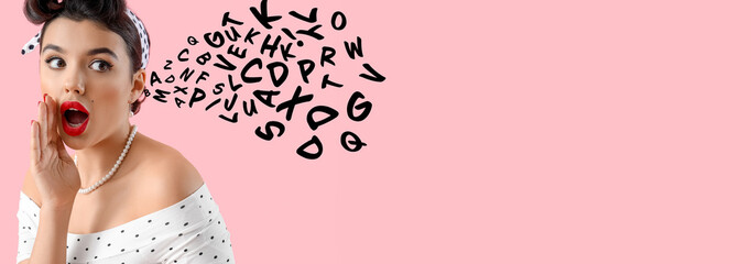 Shocked young pin-up woman gossiping on pink background, closeup