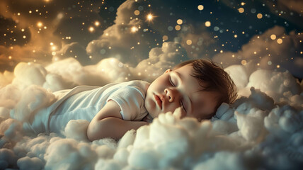 An adorable baby resting on a bed of clouds, illuminated by gentle moonlight and sparkling stars, creating a dreamy atmosphere