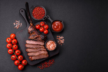 Grilled wagyu beef tomahawk steak with salt, spices and herbs