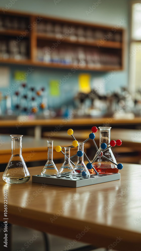 Aufkleber Glass beakers and flasks containing liquid sit on a table in a science laboratory with a molecular model