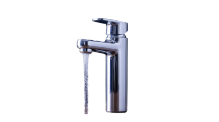 Chrome faucet with water flow isolated on transparent background