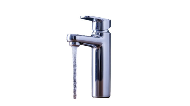 Chrome faucet with water flow isolated on transparent background