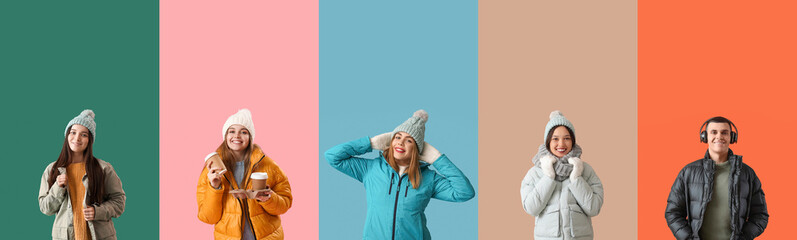 Collage of young people in stylish winter clothes on color background