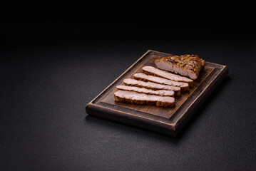 Grilled beef or pork steak with salt, spices and herbs