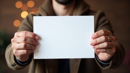 Obraz premium Close-up photo of a man's hands holding a white sheet on a bokeh background
