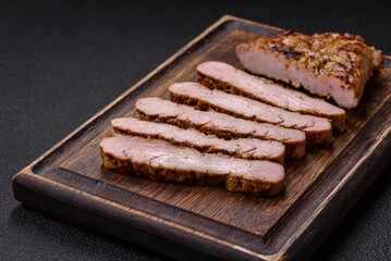 Grilled beef or pork steak with salt, spices and herbs