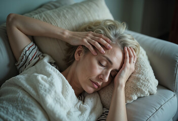 A frail middle-aged woman lies on a sofa, holds her hand to her forehead, feels pain, feels dizzy, suffers from symptoms of menopause.