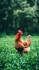 A close-up of a gentle chicken standing proudly in lush green grass under natural lighting