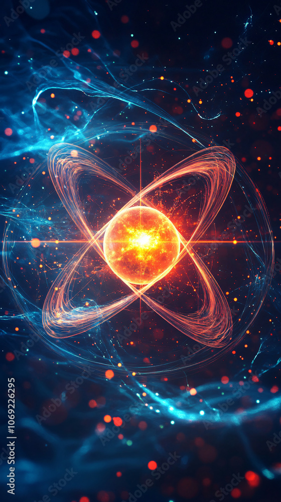 Aufkleber Conceptual illustration of electrons circling the atomic nucleus, demonstrating principles of quantum physics and nuclear power