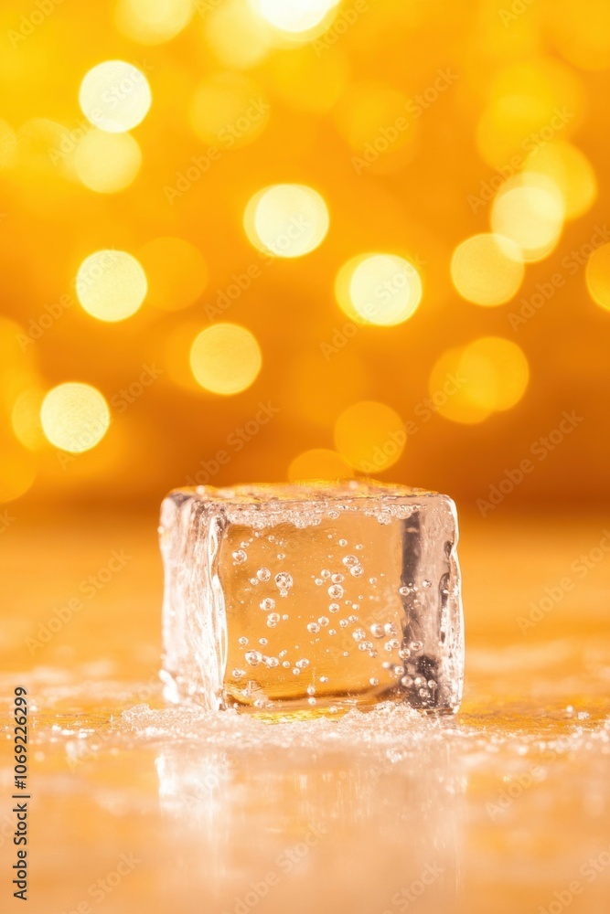Poster sparkling ice cube on a golden background