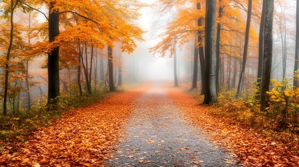 Fototapeta premium Quiet autumn forest path covered in fallen leaves, surrounded by trees with vibrant orange and yellow foliage, and a soft mist that adds a serene and peaceful ambiance.