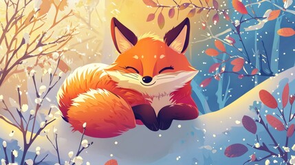 Obraz premium A Charming and Playful Fox in a Beautiful Snowy Forest Scene Full of Bright Colors and Details