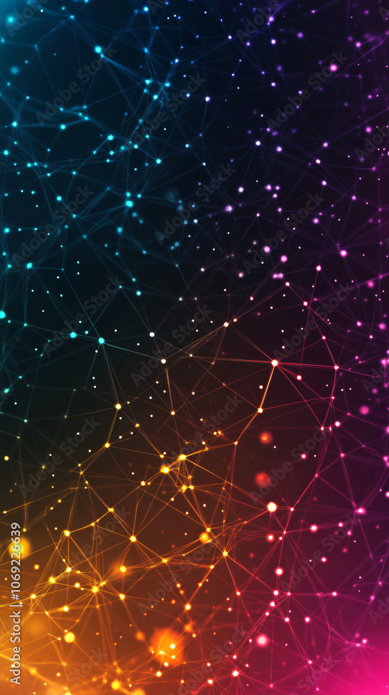 Poster abstract network with glowing nodes connecting on dark background, with a gradient of blue, orange a