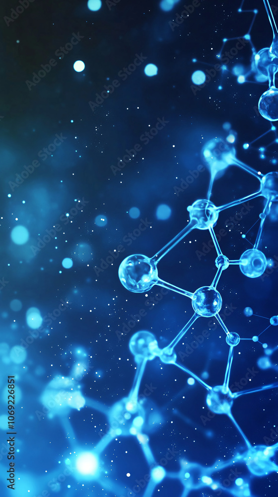 Leinwandbilder 3d rendering of a scientific network with glowing blue molecules on a dark blue background with boke