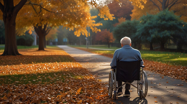 International Day of Persons with Disabilities, elderly man in a wheelchair, seen from behind, sitting outdoors in a grassy area covered with fallen leaves  - Powered by Adobe