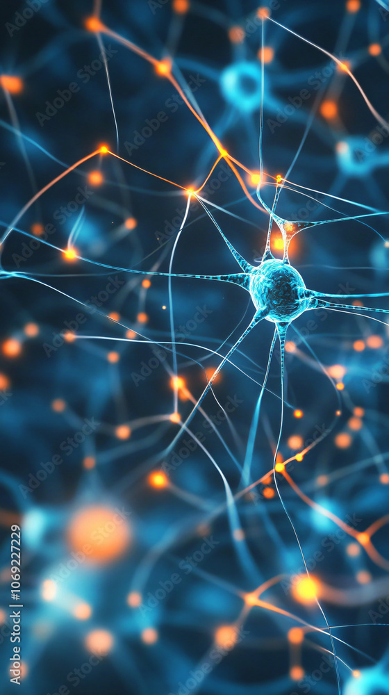 Poster 3d rendering of active nerve cells transmitting signals along axons against a dark backdrop