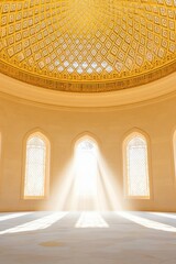 Ornate domed ceiling with intricate patterns and arched windows in a grand interior space