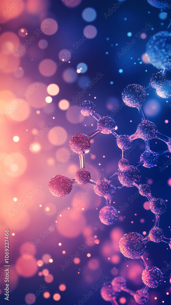Poster 3d render of a molecule structure is floating in a colorful space with a bokeh effect
