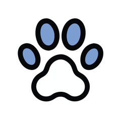 Black and Blue Paw Print Icon, A black outline paw print icon with blue pads, perfect for pet-related designs, animal care branding, or digital media projects.
