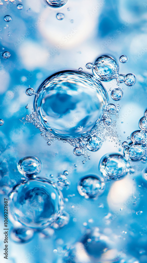 Fototapete Capturing a group of translucent bubbles floating in pristine water through macro photography