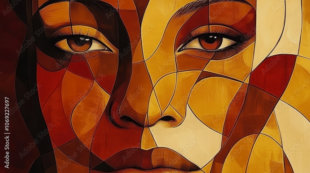 Poster abstract portrait of a woman with fragmented geometric patterns in warm tones symbolizing strength i