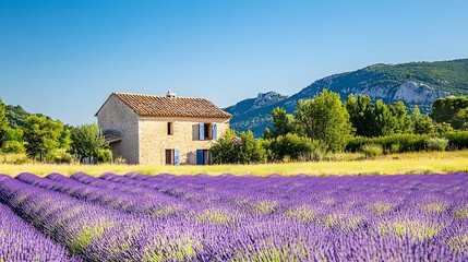 Quiet countryside featuring rolling fields of lavender, a charming farmhouse, and a clear blue sky