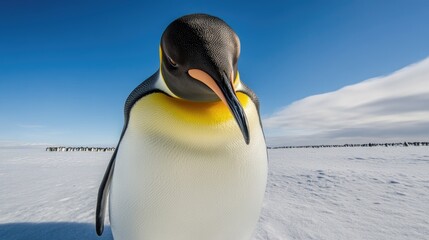 A close-up encounter with a penguin basking in the natural sunlight of its icy habitat, showcasing vibrant colors and gentle nature