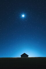 Serene night sky with a bright star shining over a silhouetted barn on a grassy hill