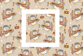 Christmas cozy pattern. Cute dressed penguin in a festive sweater with a cup of cocoa and cookies. Light gray background