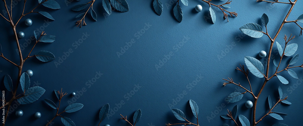 Poster a blue background with a leafy border and a bunch of small blue beads. the beads are scattered aroun