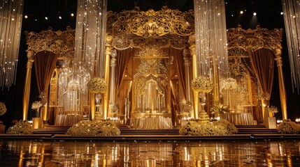 Naklejka premium A magnificent gold stage adorned with glittering lights and luxurious decorations