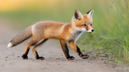 A curious fox exploring its natural habitat in vibrant colors under soft lighting during a serene moment