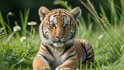 Fototapeta premium Tiny Royalty A Majestic Portrait of a Cute Tiger Cub on a Beautiful Summer Day