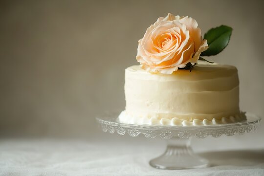 Elegant cake with peach rose on vintage stand.