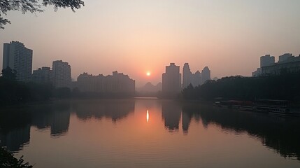 Fototapeta premium A scenic sunrise over a calm lake in a city, casting a warm glow on the skyscrapers and the water, creating a peaceful and serene atmosphere.