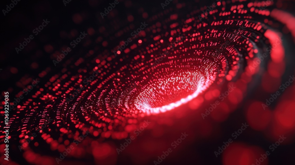 Poster glowing red digital tunnel with abstract data flow
