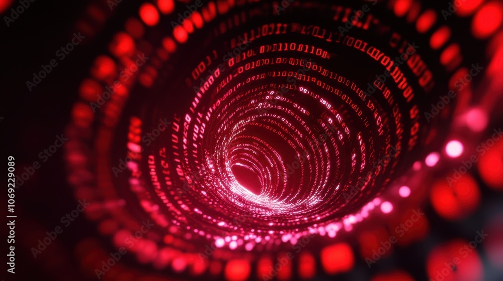 Poster futuristic digital tunnel with binary code and glowing red lights