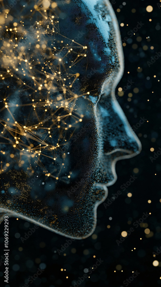 Poster glowing network connections forming inside abstract human face on dark background