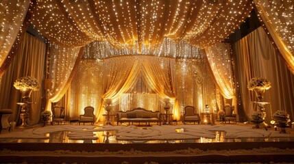Obraz premium A magnificent gold stage adorned with glittering lights and luxurious decorations
