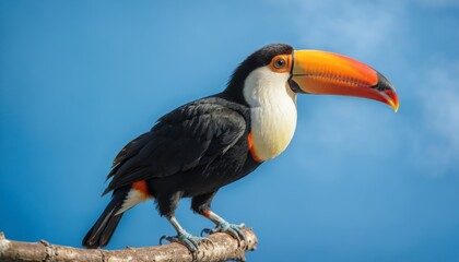 Obraz premium Toco Toucan bird on a blue background (Ramphastos toco)