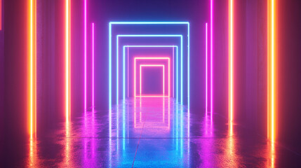 Neon Lights Corridor   Futuristic Glow in Dark Abstract Background