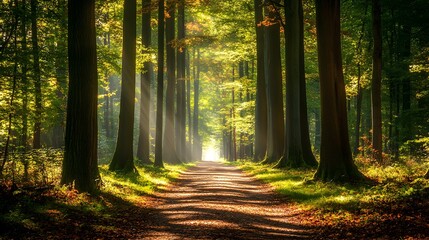 Fototapeta premium Quiet forest path with tall trees lining the way, sunlight filtering gently through the leafy canopy, and a soft carpet of fallen leaves covering the ground