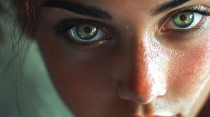 Fototapeta premium A close-up of a young woman with striking green eyes and natural skin tones focusing directly on the viewer in a softly lit environment