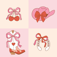 Set of western cowgirl boots hat and cherry with bow. Hand drawn vector romantic girly rodeo clipart. EPS 10 vector file.