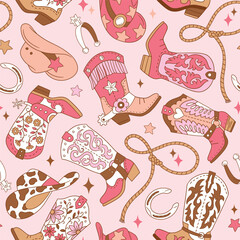 Seamless vector pattern with western cowgirl boots. Hand drawn girly rodeo background. EPS 10 vector file. Perfect for textile, wallpaper or nursery print design. © MirabellePrint
