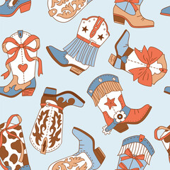 Seamless vector pattern with western cowgirl boots. Hand drawn girly rodeo background. EPS 10 vector file. Perfect for textile, wallpaper or nursery print design.