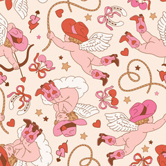 Seamless vector pattern with Valentine cupid in western cowboy boots. Hand drawn cute angel background. EPS 10 vector file. Perfect for textile, wallpaper or nursery print design.